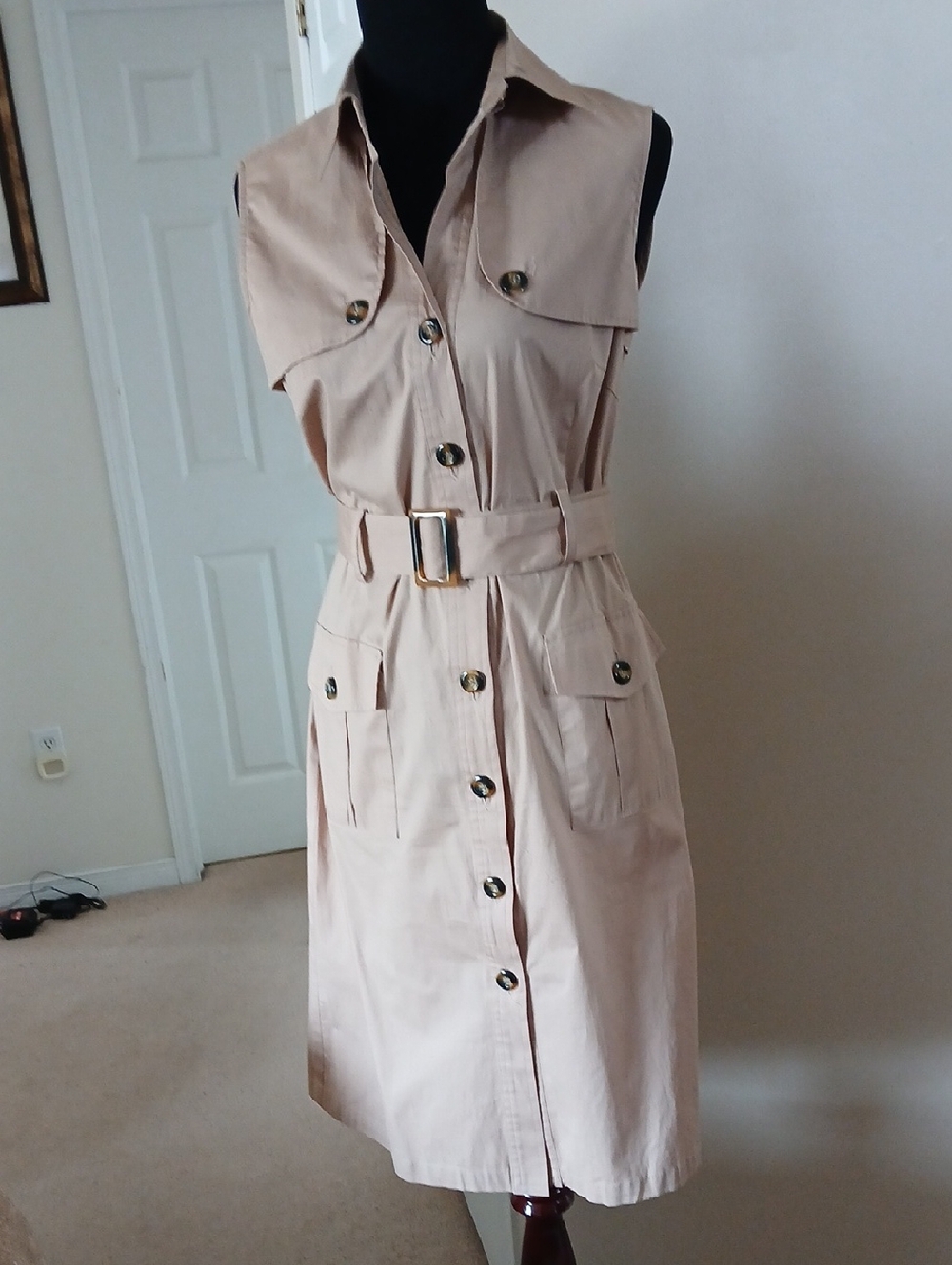 Jessica Sleeveless Belted Midi Shirt Dress in Light Beige